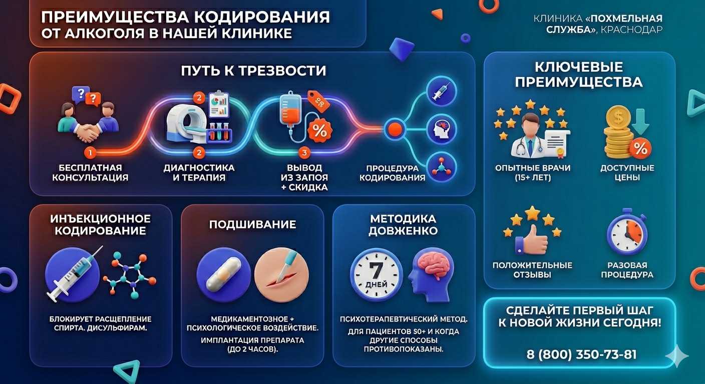 Инфографика о методах кодирования от алкоголя в Рощино: инъекции, подшивание, метод Довженко. Преимущества клиники и этапы лечения.