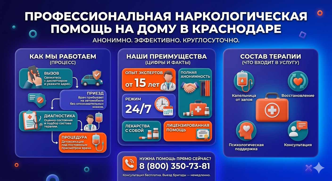 Инфографика о принципах лечения алкоголизма на дому в Рощино: этапы вызова нарколога, преимущества анонимной детоксикации и состав медицинской помощи.